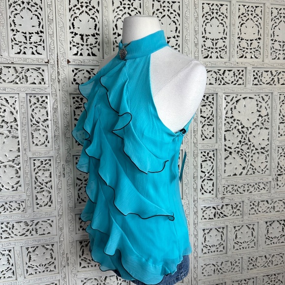 NWT Blue Ruffle Mockneck Halter Fairy Coquette Y2k Style Sleeveless Blouse Sz M - Picture 4 of 8